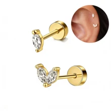 SENLANSP 2 đôi bông tai đinh tán hình chữ V bằng thép không gỉ đính đá CZ và 1 đôi bông tai vòng nhỏ hình lá và trái tim đính đá CZ, unisex, thích hợp để đeo hàng ngày và làm quà tặng. - 2 chiếc - Xem 7