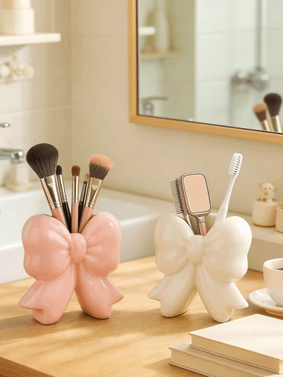Bow-Knot Resin Pen Holder/Makeup Brush Holder, Modern Design Decorative Gift, Suitable For Women, Can Be Used At Home, Office, Bookshelf, Desk Or Living Room, Classic Pink