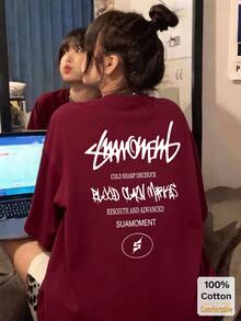 Letter Graphic Short Sleeve Mid-Length T-Shirt, Stylish Casual Top For Women Summer - Burgundy - View 1