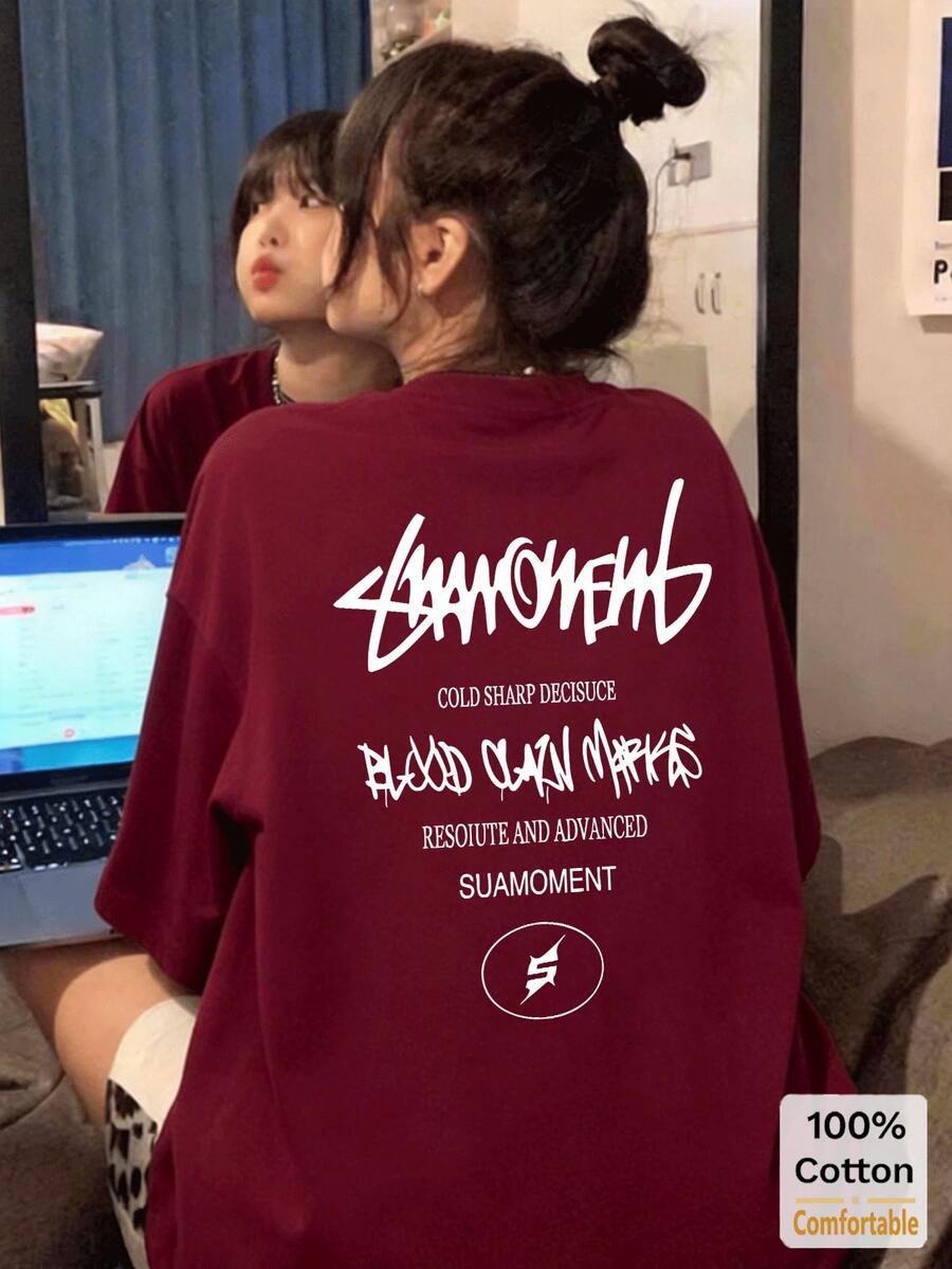 Letter Graphic Short Sleeve Mid-Length T-Shirt, Stylish Casual Top For Women Summer - Burgundy - View 1
