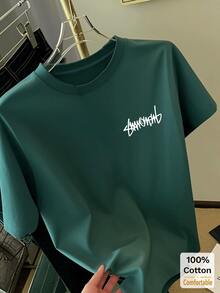 Letter Graphic Short Sleeve Mid-Length T-Shirt, Fashionable Casual Top For Women Summer - Dark Green - View 5