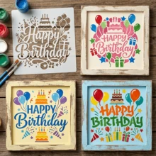 4件套生日主题绘画模具 - 适用于5.9英寸相框，DIY贺卡制作，更有意义的生日礼物，可重复使用的塑料绘画模具，包含“生日快乐”、“气球”、“礼物”和星星图案。书法字母模具。 - 套裝 - 查看 2