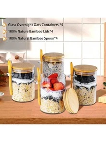 TUMATICLY 8PCS Glass Food Storage Containers (4 Cups   4 Lids), With Lids And Spoons, Overnight Oats Jar With Lid And Spoon Chia Pudding Salad Glass Jar With Lid And Spoon, Bamboo Lid Oatmeal Coffee Flour Bread Starter Storage Container With Lid - Trong suốt - Xem 5