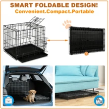 Double Door Bold Dog Cage Foldable Metal Wire Dog Cage, With Partitions And Leak-Proof Tray, Protective Feet And With Isolation Net - With Door Lock, Pet Kennel, Multiple Sizes Suitable For Indoor, Outdoor, Travel Metal Cage - Black - View 6