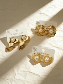 3对女士金色不锈钢耳环，18K镀金花卉不锈钢多元素耳环，酷炫沙滩贝壳耳环，防过敏蝴蝶耳环，宣言款粗耳环 - 彩色 - 查看 3