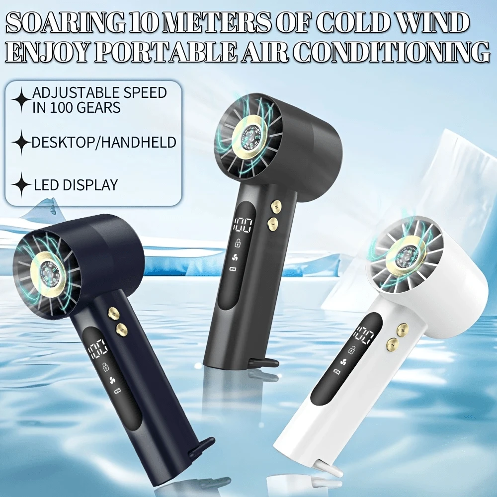 USB Rechargeable Turbo Handheld Fan, Small Portable Desktop Fan, Adjustable 1-100 Wind Speed, Battery Capacity Display, Suitable For Summer Camping Travel Outdoor, Comes With Hanging Strap And Compass - Handheld - View 1
