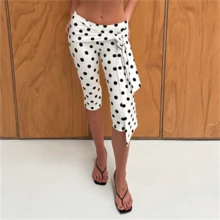 Women Polka Dot Skinny Capri Leggings Bow Tie Up Knee Length Capris Pants Sexy Stretchy Y2k Slim Fit Cropped Trousers - 白色 - 查看 1