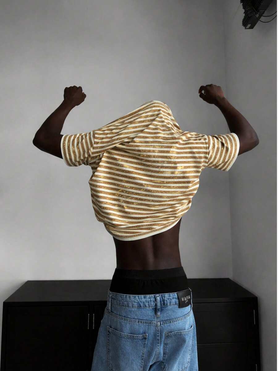 Casual Colorblock Striped Retro Loose Fit Round Neck Short Sleeve T-Shirt - Yellow - View 1
