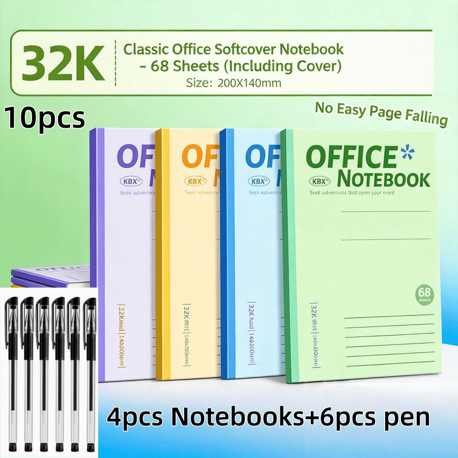 Set de 10 cuadernos (incluye 4 cuadernos + 6 bolígrafos), cuadernos de rayas, 68 páginas cada uno, adecuados para uso escolar y de oficina, artículos de papelería esenciales para volver a la escuela, suministros estéticos para estudiantes - 4 cuadernos + 6 bolígrafos - Ver 1