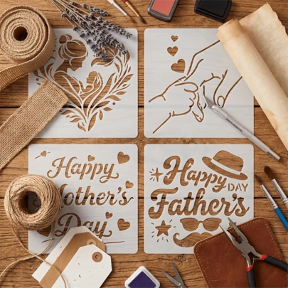 4pcs Mother's Day & Father's Day Painting Templates, Suitable For 5-Inch Frames, DIY Greeting Cards, Unique Mother's Day & Father's Day Gifts, Includes "Happy Mother's Day", "Happy Father's Day", Heart & Hand Patterns. Applicable For Handicrafts, Scrapbooking, Greeting Cards, Wall Decor, And Gift Packaging
