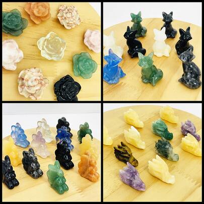 2 món đồ chạm khắc pha lê hình hoa, cáo, đầu rồng, tiên nữ, gấu, mèo, dùng để sưu tầm, làm quà tặng hoặc trang trí nhà cửa.
