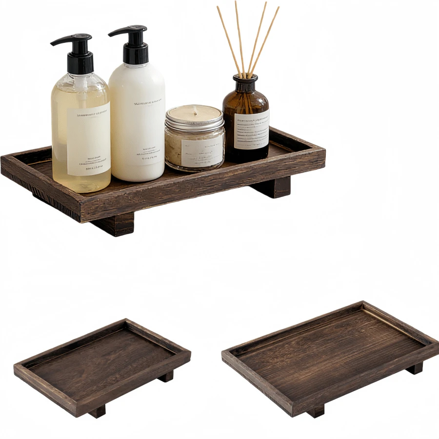 Wooden Tray Rustic Toilet Storage Sink Organizer Desk Organizer Decorative Tray Versatile Bathroom Organizer Multi-Purpose Space-Saving - Brown - View 1