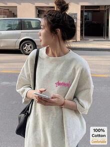 Letter Graphic Short Sleeve Mid-Length T-Shirt, Stylish Casual Top For Women Summer - Gray - View 3
