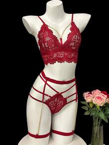 Conjunto de 2 piezas de lencería sexy con encaje, pijama sexy para mujer, camisa de cita, traje de bikini de tres puntos, conjunto de ropa interior para mujer - Rojo - Ver 3