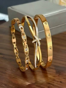 3件套18K镀金不锈钢手链套装，闪亮精致，高品质手链套装，时尚百搭，是圣诞节、情人节和生日的理想礼物。精致优雅的个性化不锈钢奢华配饰，是馈赠亲友的完美之选，适合派对、生日和各种场合，简约而不失奢华，功能多样。 - 多色 - 查看 11