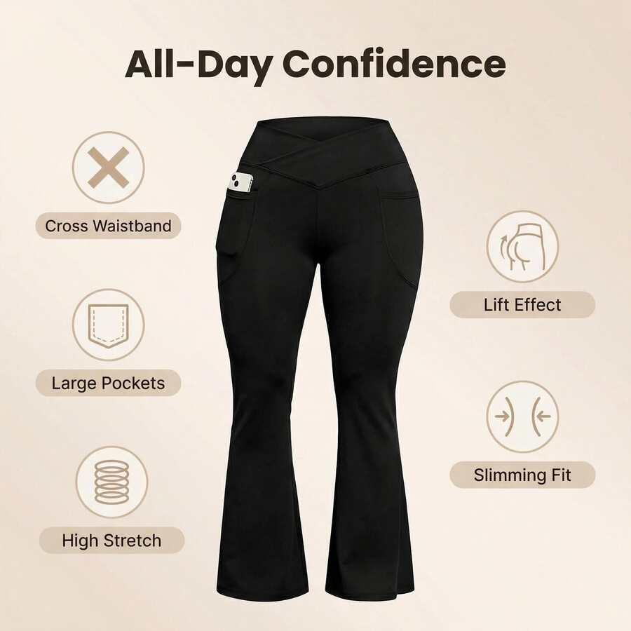 One Piece Pocket Fabric Long Women's Cross Waist Flared Pants With Pockets High Waist Stretchy Wide Leg Yoga Pants For Lounge Workout Daily - màu đen - Xem 1