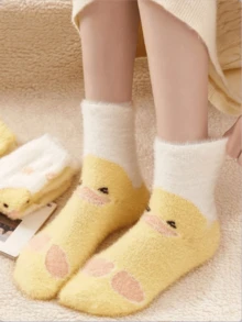 1/2/3 Pairs Random Color Women's Cute Cartoon Duck Pattern Fluffy Plush Warm Casual Home Mid-Calf Socks - Multicolor - View 3