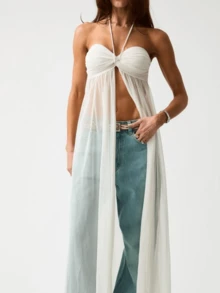 Women's Sheer Mesh Halter Cami Top Twist Front Split Strapless Long Tube Top Flowy Sheer Mesh See Through Tops Summer Fashion Streetwear - trắng - Xem 2