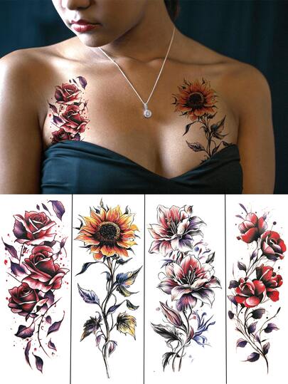 4 rosor, solrosor, konstdesign, sexiga armar, ben, kroppstatueringsklistermärken, vackra kvinnors blommatatueringsklistermärken, vattentäta klistermärken, kvinnors kroppskonstklistermärken, bröllopsfester, stränder, sommarnattklubbar, tatueringsklistermärken