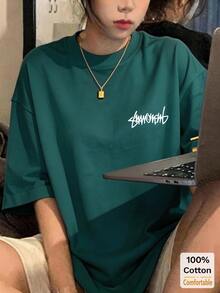 Letter Graphic Short Sleeve Mid-Length T-Shirt, Fashionable Casual Top For Women Summer - Dark Green - View 3
