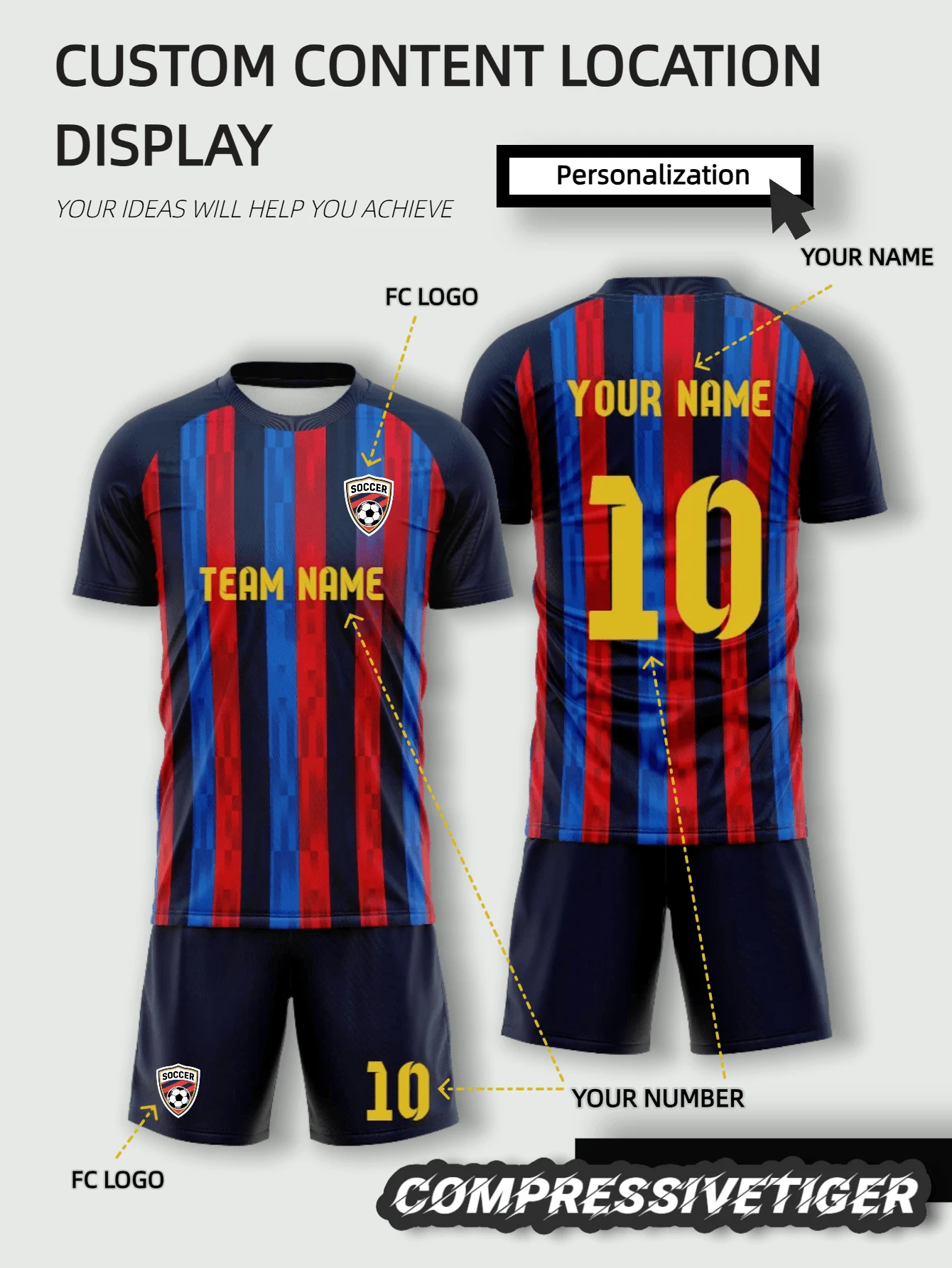 Customized Barcelona Striped Football Kit - Personalized Team Name And Number, Retro Pattern Breathable Football Uniform , 2026 Football Season Sports - Navy Blue - View 1