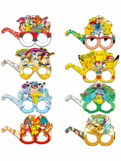 pokemon 纸质眼镜拍照道具（8 件装）——动漫派对拍照道具，角色扮演趣味装饰，生日嘉年华活动。