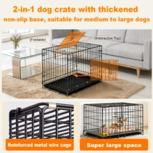 Double Door Bold Dog Cage Foldable Metal Wire Dog Cage, With Partitions And Leak-Proof Tray, Protective Feet And With Isolation Net - With Door Lock, Pet Kennel, Multiple Sizes Suitable For Indoor, Outdoor, Travel Metal Cage - Black - View 5