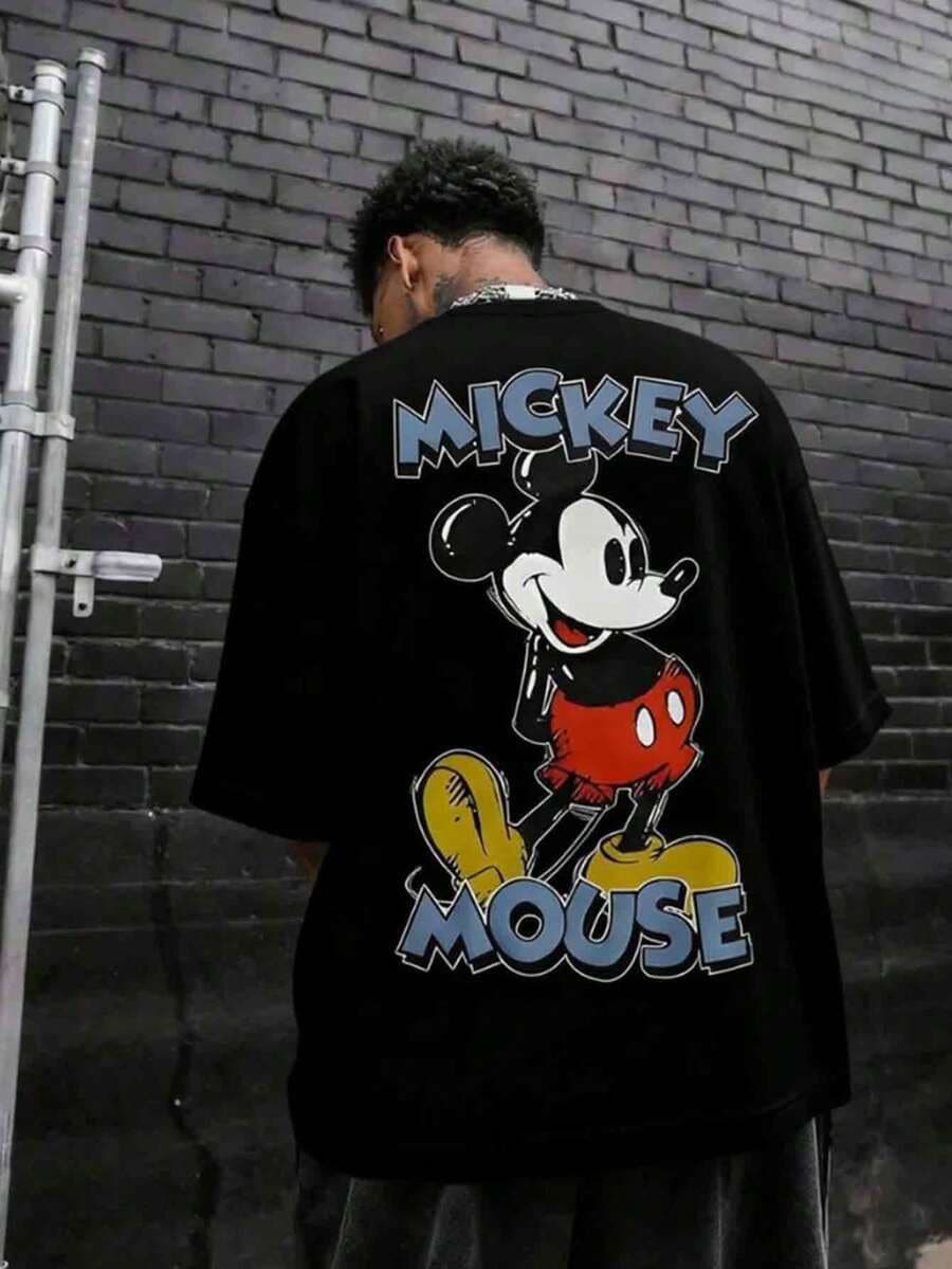Disney Mickey Mouse Pattern, Washed Pure Cotton Short-Sleeved Men's Summer T-Shirt, Distressed Effect, One-Piece Design, Pure Cotton Fabric, Comfortable And Breathable, Casual Outdoor Street Style, Crew Neck; A High-Quality Fashion Brand, It Is An Ideal Surprise Gift For Relatives And Friends. - 黑色 - 查看 1