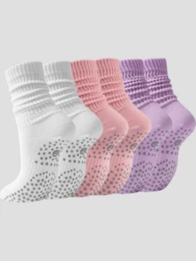 3 Pairs Pilates Slouch Crew Socks For Women Grip Yoga Socks Non Slip Grippers For Barre Ballet Dance Hospital Workout White Pink Purple - 3PT, trắng + hồng + tím - Xem 7
