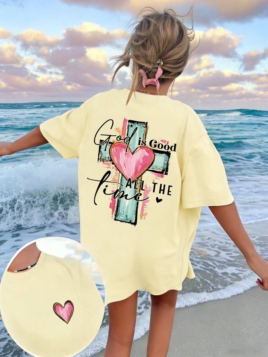 十字架字母印花T恤，“上帝永远良善”基督教宗教T恤，男女通用休闲短袖圆领夏季信仰服饰 - 黃色 - 查看 1