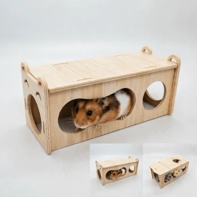 1个木制仓鼠地下隧道玩具，可为仓鼠或其他小型宠物提供舒适的躲藏平台和探索空间，带来乐趣和舒适的体验。