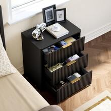Classic Bedside Table With Three Spacious Drawers – Unique Grooved Design, High-Quality Metal Handles And Silent Drawer Slides – Sturdy Base – Black - Black - View 2