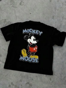 Disney Mickey Mouse Pattern, Washed Pure Cotton Short-Sleeved Men's Summer T-Shirt, Distressed Effect, One-Piece Design, Pure Cotton Fabric, Comfortable And Breathable, Casual Outdoor Street Style, Crew Neck; A High-Quality Fashion Brand, It Is An Ideal Surprise Gift For Relatives And Friends. - 黑色 - 查看 2