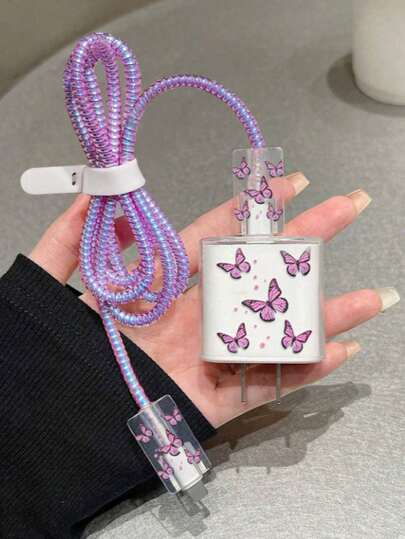 5pcs Hot Pink Butterfly Print Charging Accessory Set, 20W/18W Charger, Cable Protector, Charging Head Cover, Compatible With IPhone 11 12 13 14 15 16 17