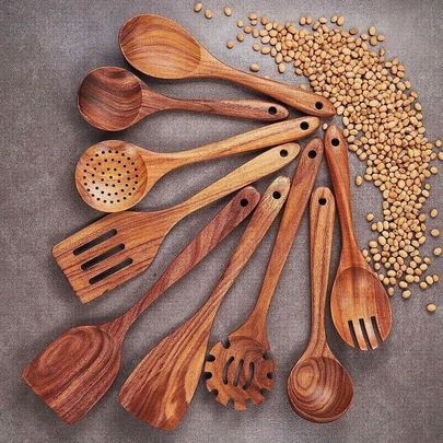 10pcs Wooden Spoons, Sturdy, Lightweight And Heat-Resistant Cooking Utensils, Kitchen Supplies, Baking Accessories