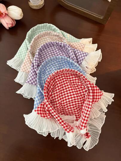 5PCS/1PC Multicolor Cute Plaid Bandana Hairband, French Countryside Style Lace Trimmed Casual Headscarf For Various Occasions,Hairband,Hair Hoop Headbands ,Gifts Hair Accessories Head Accessories