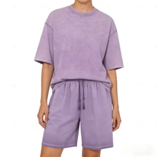 2026 Summer Unisex 2pcs Outfit, Vintage Washed Purple T-Shirt Shorts Set, Y2K Street Fashion Leisure Wear - Màu Lilac Tím - Xem 2