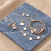 1件套韩式优雅五瓣花首饰套装，珐琅幸运花项链/耳环/手链/手镯/开口戒指，甜美女孩礼物 - 彩色 - 查看 4