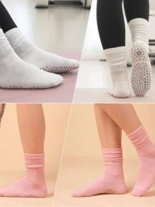 3 Pairs Pilates Slouch Crew Socks For Women Grip Yoga Socks Non Slip Grippers For Barre Ballet Dance Hospital Workout White Pink Purple - 3PT, trắng + hồng + tím - Xem 6