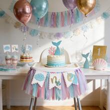 1pc Mermaid 1st Birthday Party Decoration, Ocean Theme First Birthday Party Backdrop, Shell Mermaid Seaweed Pattern Girl's First Mermaid Party Banner, Underwater Birthday High Chair Banner, 1st Birthday Photo Prop Decor - View 10