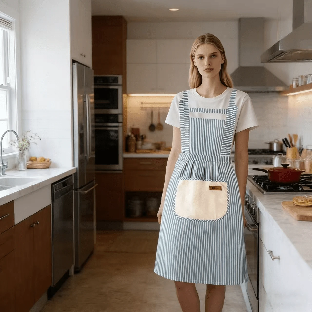 1 Piece Of Fashionable Cotton And Linen Striped Apron, Half Body Apron, Household Kitchen Oil Proof Apron, And Dirt Resistant Household Cover - Multicolor - View 1