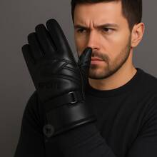 Leather Gloves, Thermal, Lined, Non-Slip, Waterproof, Adjustable, For Motorcyclists - Black - View 10