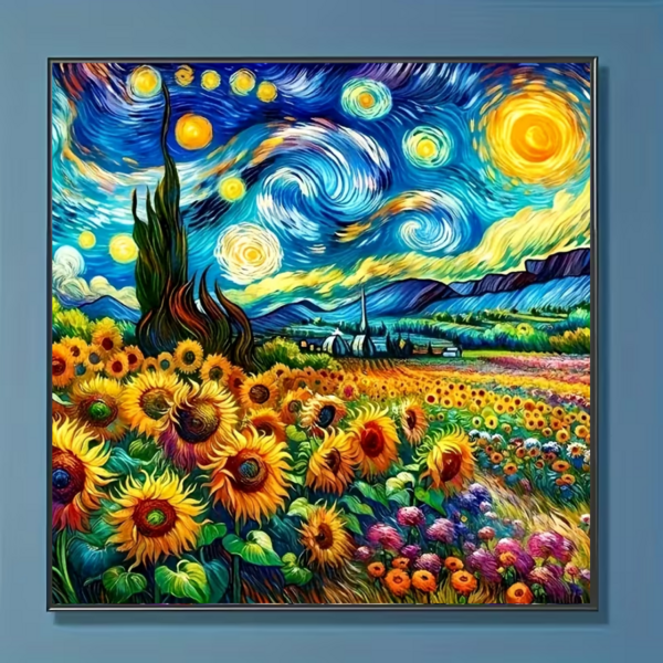 1件装全新向日葵主题钻石画套装，5D圆形水晶钻石马赛克DIY工艺品，适合作为手工礼品，装饰客厅、卧室，也适用于宰牲节、父亲节、母亲节、婚礼季、五一劳动节、复活节、圣诞节、情人节等场合，无框。