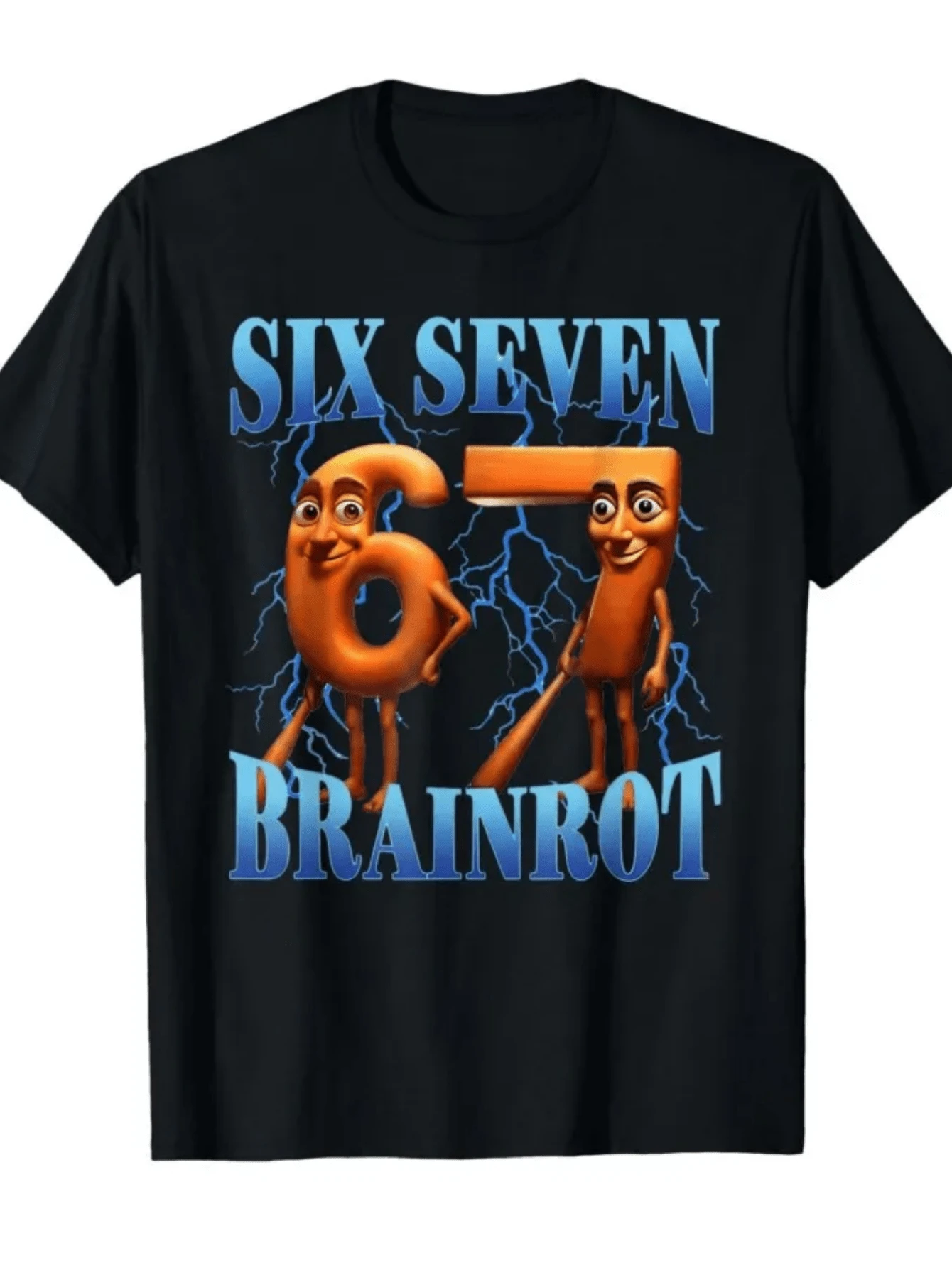 67 Meme Italian Brainrot Tung Tung Sahur Six Seven T-Shirt For Men Women 100% Cotton T Shirts Short Sleeve Tops P747 - 黑色 - 查看 1