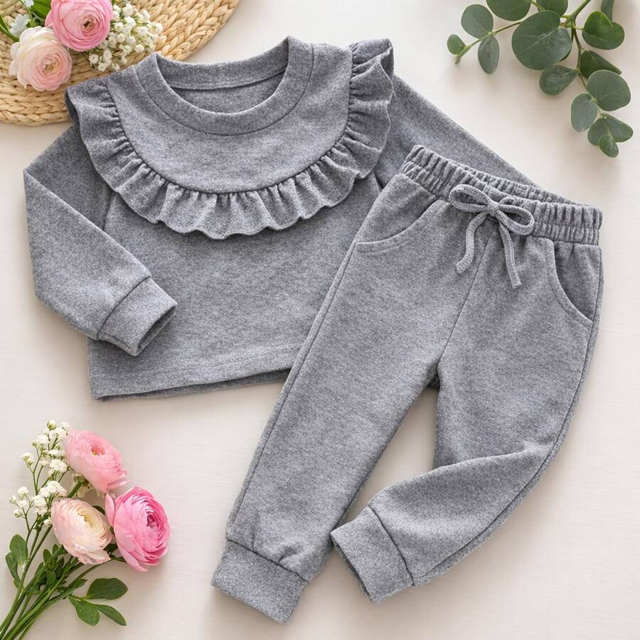 2-Piece Set: Blouse With Ruffle And Pants In Wool Fabric, Children's, Girls' And Teen/Young Adult Set (CJI031) - Grey - View 1