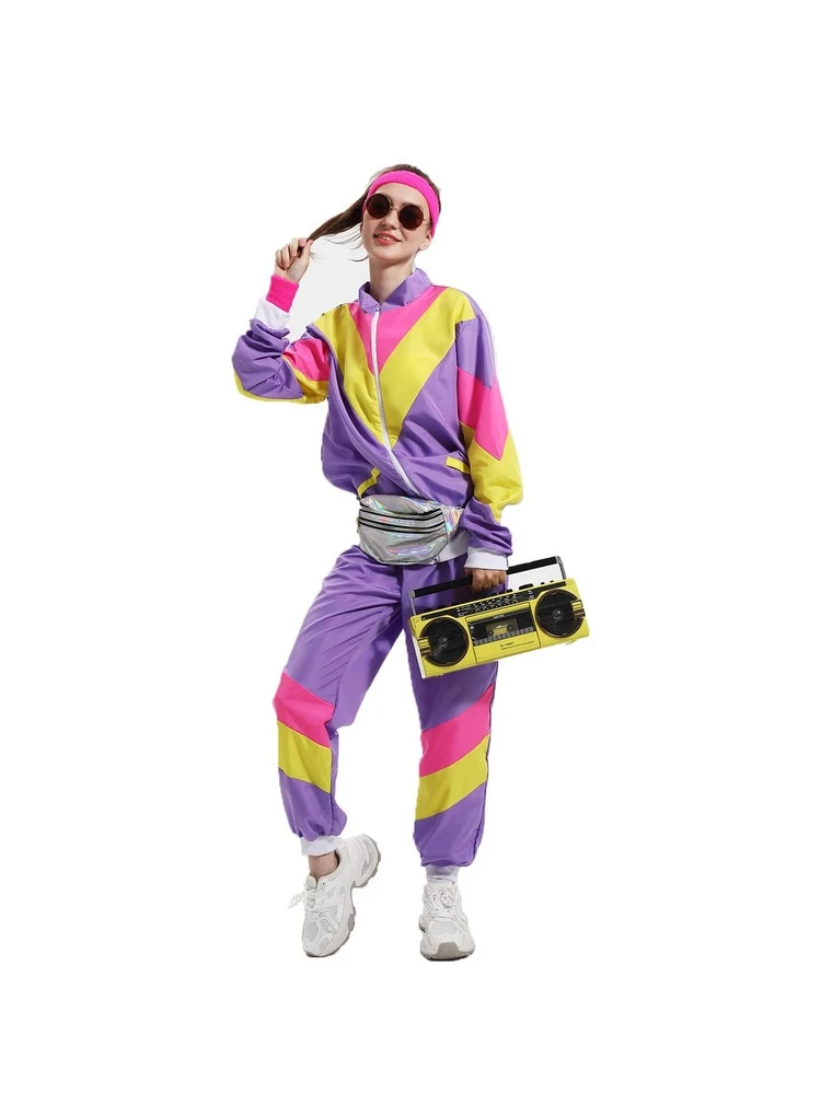 2pcs/Set Retro 80s Disco Hip Hop Tracksuit Jacket And Pants Set
