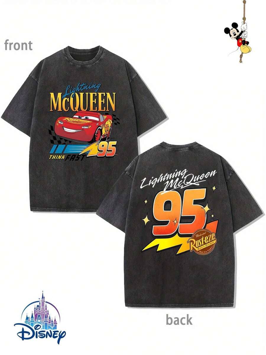 T-shirt d'été pour homme, manches courtes, en pur coton lavé, motif Disney Cars 95, effet vieilli, coupe unique, tissu en pur coton, confortable et respirant, style streetwear décontracté, col rond ; une marque de mode de haute qualité, un cadeau surprise idéal pour vos proches et amis. - Noir - Voir 1