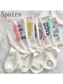 5 Pairs Random Assorted Women's Mid-Calf Socks, Versatile Daily Wear & Sports, White Long Tube Socks For Spring, Autumn - Multicolor - View 4