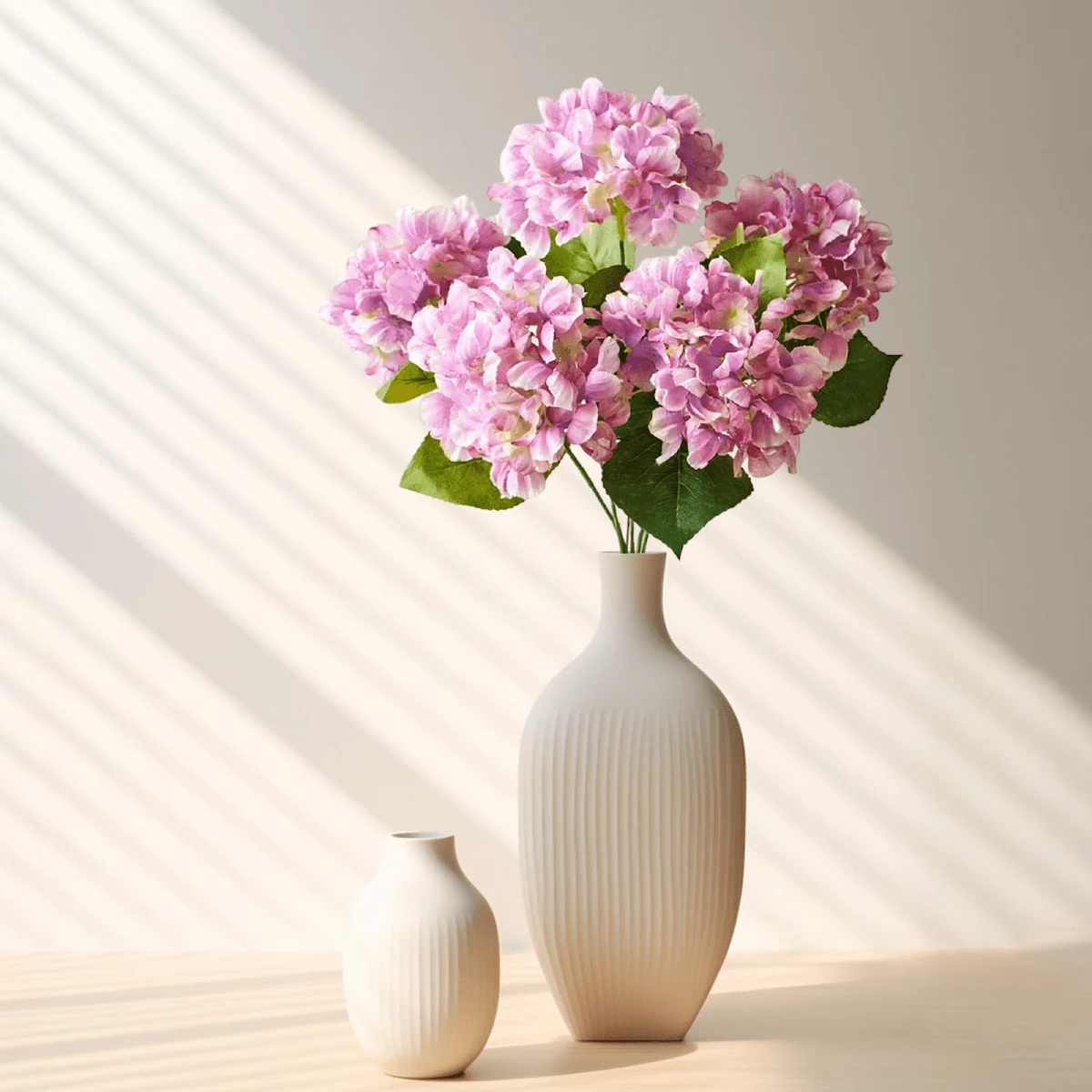 Artificial Hydrangea Bouquet Realistic Faux Long Stem Flower With Leaves - Purple - View 1