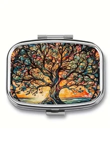 Caja redonda de píldoras con diseño vintage de árbol, floral, gato y colibrí - Organizador de píldoras de metal con 3 compartimentos y diseño de nota musical, conveniente para viajes, oficina o regalo, adecuado para bolso - Multicolor - Ver 25